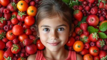 ai generado sonriente joven niña con Fresco bayas y Tomates antecedentes foto