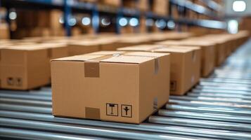 AI generated Boxes on a Conveyor Belt in a Warehouse photo