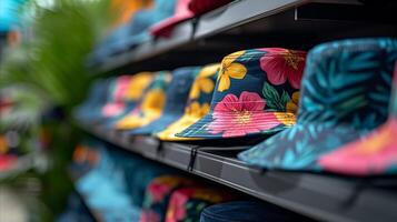 AI generated Colorful tropical bucket hats on display on shelves in a retail store photo