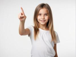 AI generated Beautiful young girl pointing up to copy space photo