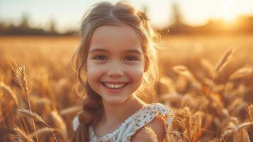 AI generated Joyful young girl smiling in golden wheat field at sunset photo