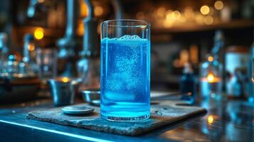 AI generated Glowing blue drink in glass on cozy bar counter at night photo