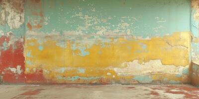 AI generated Aged peeling paint on a wall in a derelict room with retro colors photo