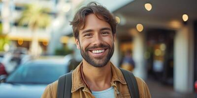 ai generado sonriente hombre con mochila poses para el cámara foto