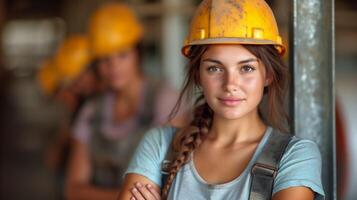 ai generado confidente hembra construcción trabajador en la seguridad casco a sitio foto