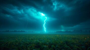 AI generated Dramatic thunderstorm over lush field with lightning bolt strike photo