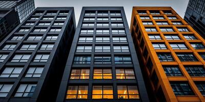 AI generated Modern office buildings facades glowing at twilight in urban cityscape photo
