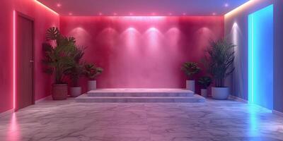 AI generated Modern interior design with neon lights and plants photo