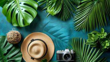 AI generated Hat, Camera, and Palm Leaves on Blue Background photo