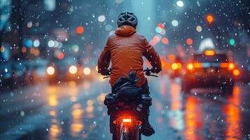 AI generated Cyclist on urban road in rainy weather with city lights at night photo