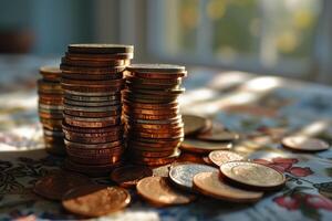 ai generado monedas en mesa, un pila de dinero pilas en un de madera superficie foto