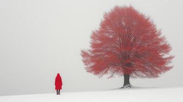 ai generado solitario figura en rojo Saco en contra Nevado paisaje y vibrante rojo árbol foto