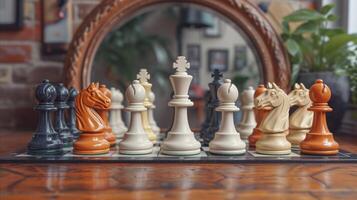 AI generated Elegant chess pieces on wooden board ready for strategic game photo