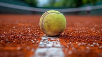 ai generado tenis pelota en tenis Corte foto