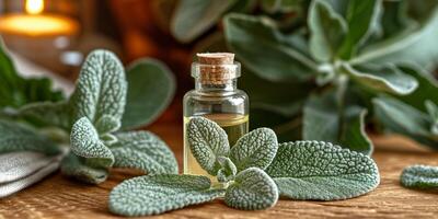 AI generated Organic sage essential oil in a glass bottle with fresh leaves photo