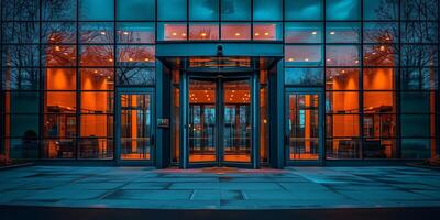 AI generated Modern corporate building entrance illuminated at twilight photo