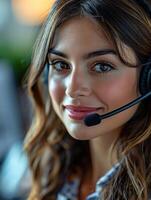 ai generado sonriente mujer vistiendo auriculares foto