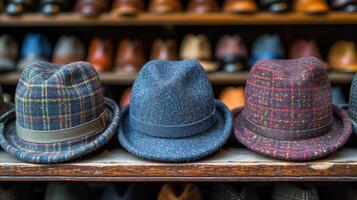 ai generado variedad de elegante fedora sombreros en monitor en un Moda Tienda foto