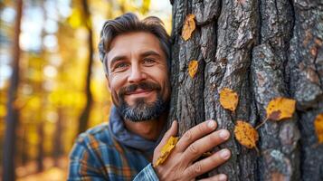 AI generated Man Hugging Tree in Woods photo