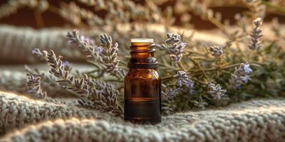 AI generated Essential oil bottle with lavender on knitted texture in warm light photo