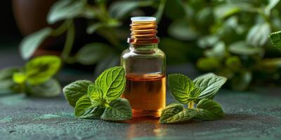 AI generated Essential oil bottle surrounded by fresh mint leaves on a rustic surface photo