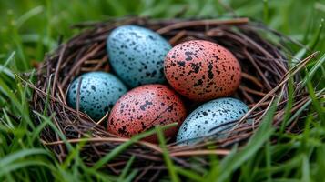 AI generated A photo of colorful eggs inside a basket.