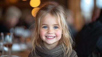 ai generado adorable joven niña sonriente con espumoso azul ojos en un acogedor restaurante ajuste foto