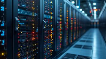 AI generated Modern data center servers rack with led lights in a dark room photo