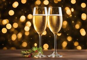 AI generated Glasses with champagne against holiday lights photo