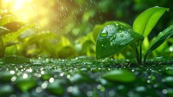 AI generated Green Plant With Water Drops photo