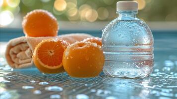 AI generated Refreshment concept with water bottle, oranges, and towel on poolside photo