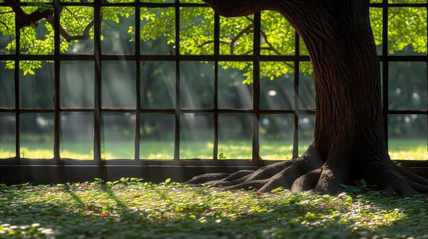 AI generated Serene tree by window overlooking lush garden in sunlight photo