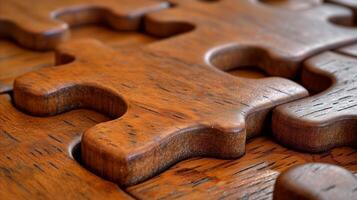 AI generated Close-up of interlocking wooden jigsaw puzzle pieces on table photo