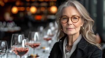 AI generated Woman Sitting at Table With Glasses of Wine photo