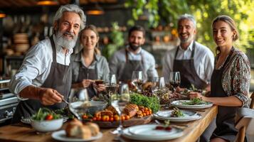 AI generated Cheerful group enjoying gourmet meal at rustic restaurant with smiling chef presenting food photo