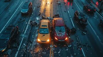 ai generado foto de varios estrellado carros en el la carretera en un urbano ambiente.