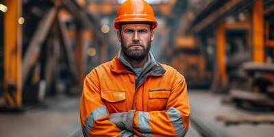 AI generated Serious male worker in safety gear at industrial site photo