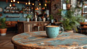 AI generated Warm cozy coffee shop atmosphere with a cup on wooden table photo
