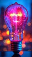 AI generated Vibrant led light bulb glowing with water droplets over blurred city lights background photo