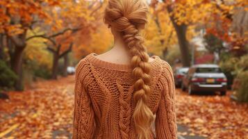 AI generated Young woman enjoying a serene autumn walk on a leaf-covered street photo