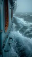 ai generado Embarcacion navegación mediante Tormentoso mar, dinámica Oceano olas y oscuro cielo foto