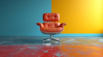 AI generated Stylish modern red chair in vibrant blue and yellow interior photo