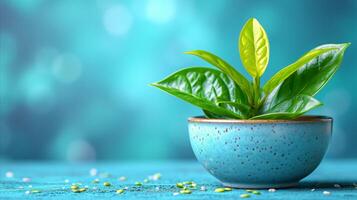 AI generated Vibrant green plant in a blue ceramic pot on a wooden surface photo