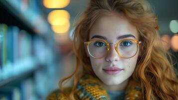 AI generated Young redheaded woman with glasses in a library environment photo