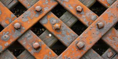 AI generated Close-up of rusty railroad tracks with textured details photo