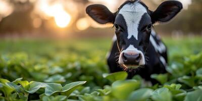 ai generado de cerca de un curioso vaca en un verde campo a puesta de sol foto