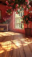 AI generated Warm sunlit room with hanging roses and rustic wooden floor photo