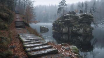 AI generated Misty autumn lake with steps, boulders and fallen leaves photo