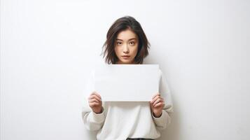 AI generated Woman Holding White Paper - For Display or Writing photo