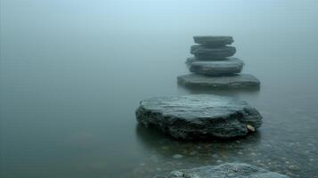 ai generado apilado piedras en brumoso paisaje acuático para zen y equilibrar conceptos foto